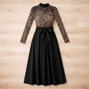 Anewsta Elegant Leopard and Black Long Sleeve Dress